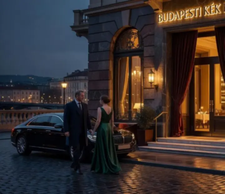 Elegáns budapesti étterem esti hangulatban, megterített asztalokkal és koktélbárral