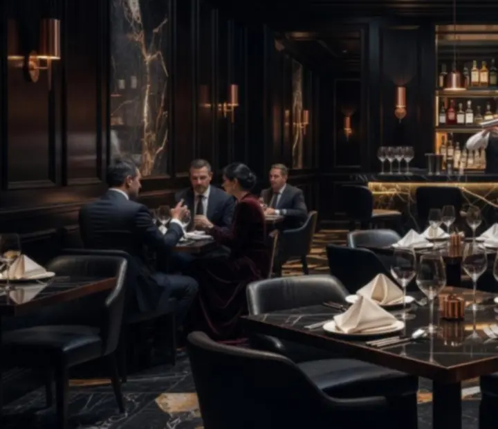Hangulatos, sötét tónusú fine dining éttermi enteriőr Budapesten
