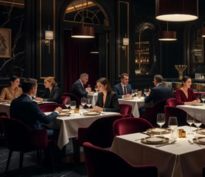 Cinematikus éjszakai étterem Budapest belvárosában, elegáns vendégekkel és hangulatos megvilágítással
