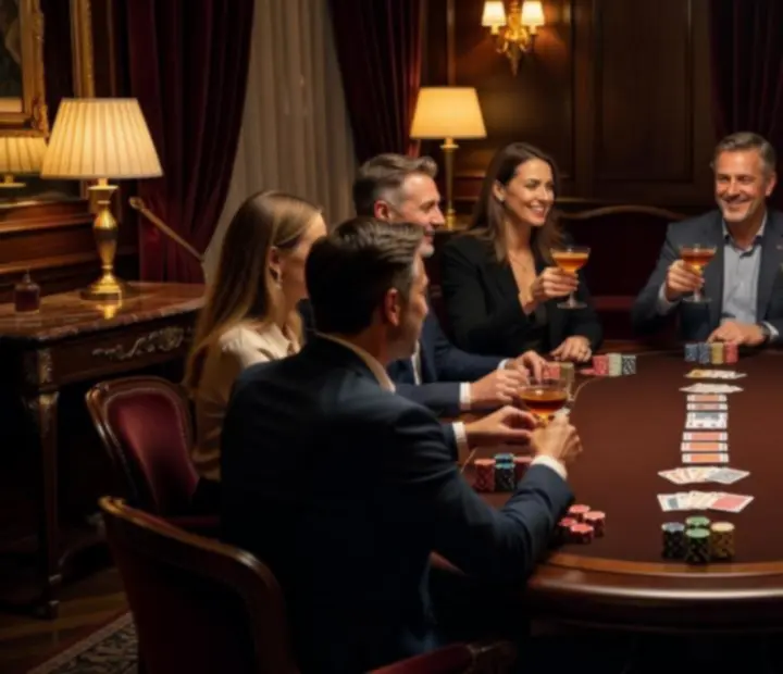 Privát pókerasztal körül ülő elegáns társaság budapesti étterem különtermében
