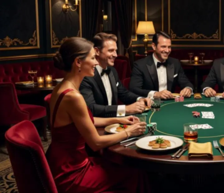 Texas Hold'em pókerasztalok mellett vacsorázó vendégek elegáns budapesti étteremben