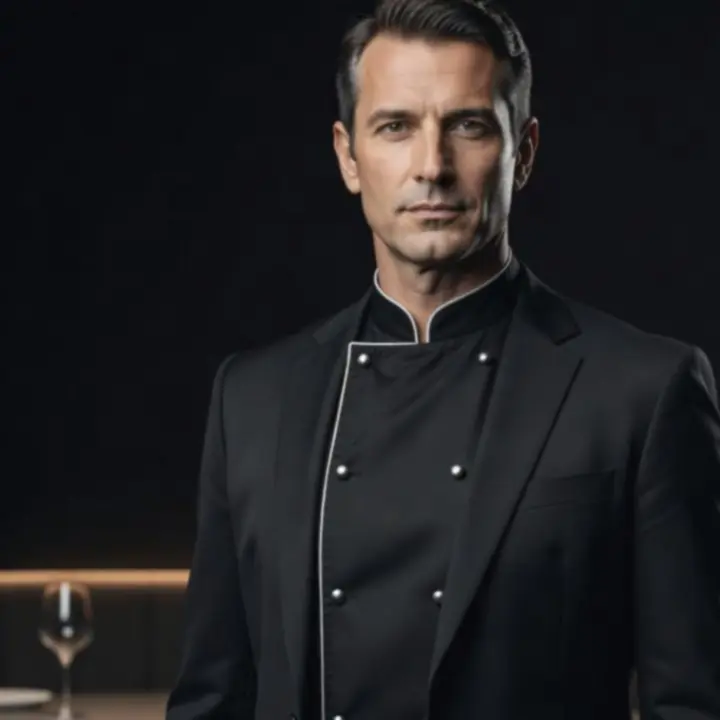 Séf portréja elegáns, sötét háttér előtt, fine dining kötényben